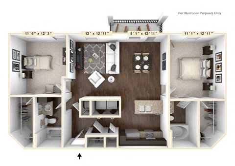 Floor plan for 2 beds, 2 baths, 1014 sqft
